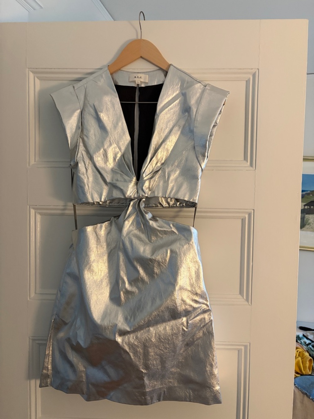 A.L.C. Metallic Silver V-Neck Twist Mini Dress - Picture 6 of 6